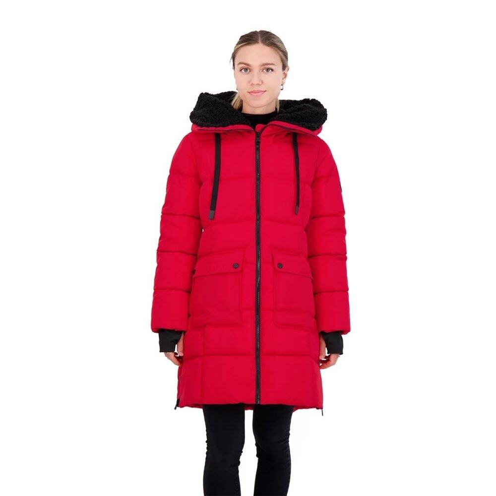 Madden Girl - Red & Black Hooded Sherpa-Trim Long Puffer Coat